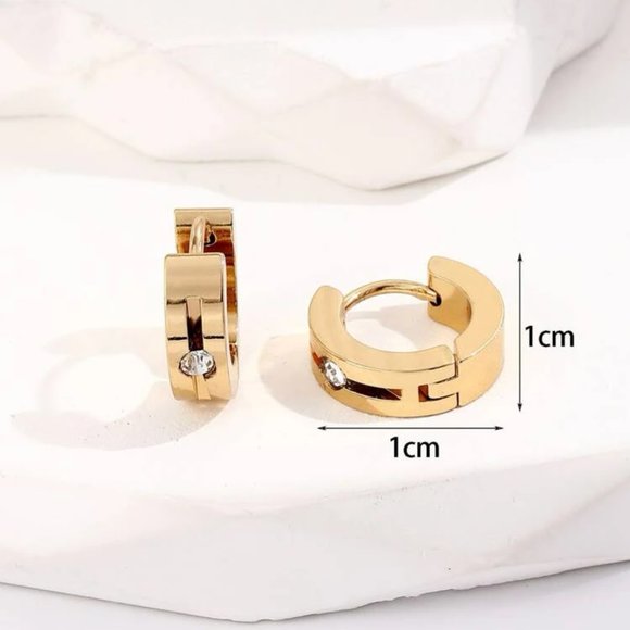 Stainless Steel Hoop Stud Earring Rhinestone Gold Women Men NWT - Picture 2 of 3